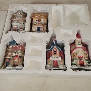 Holiday Moments Porcelain Lighted Village Set 5pcs Store Church Village Station